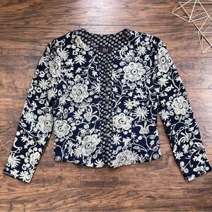 vintage • 90s floral quilted jacket navy cream rayon cropped JSJ Petites boho